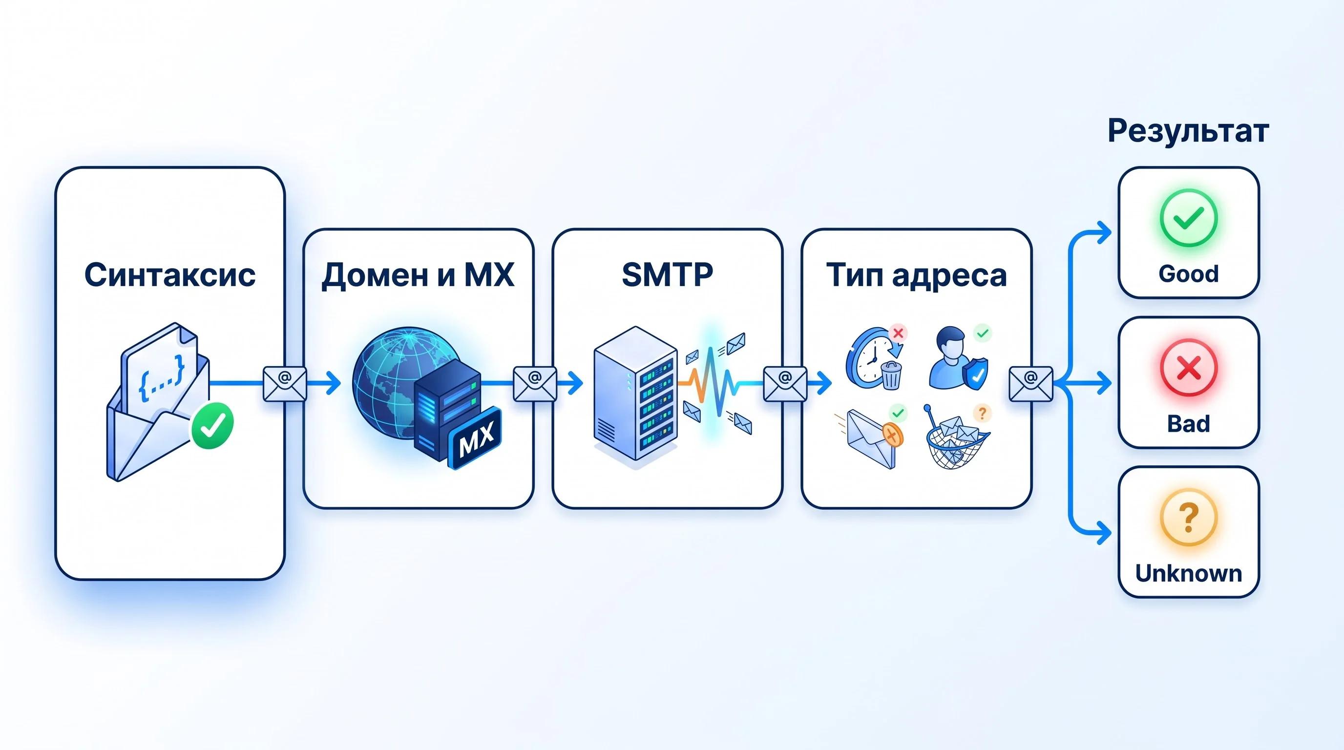 Этапы проверки email: синтаксис, домен и MX, SMTP, тип адреса и итоговый статус Good, Bad или Unknown.