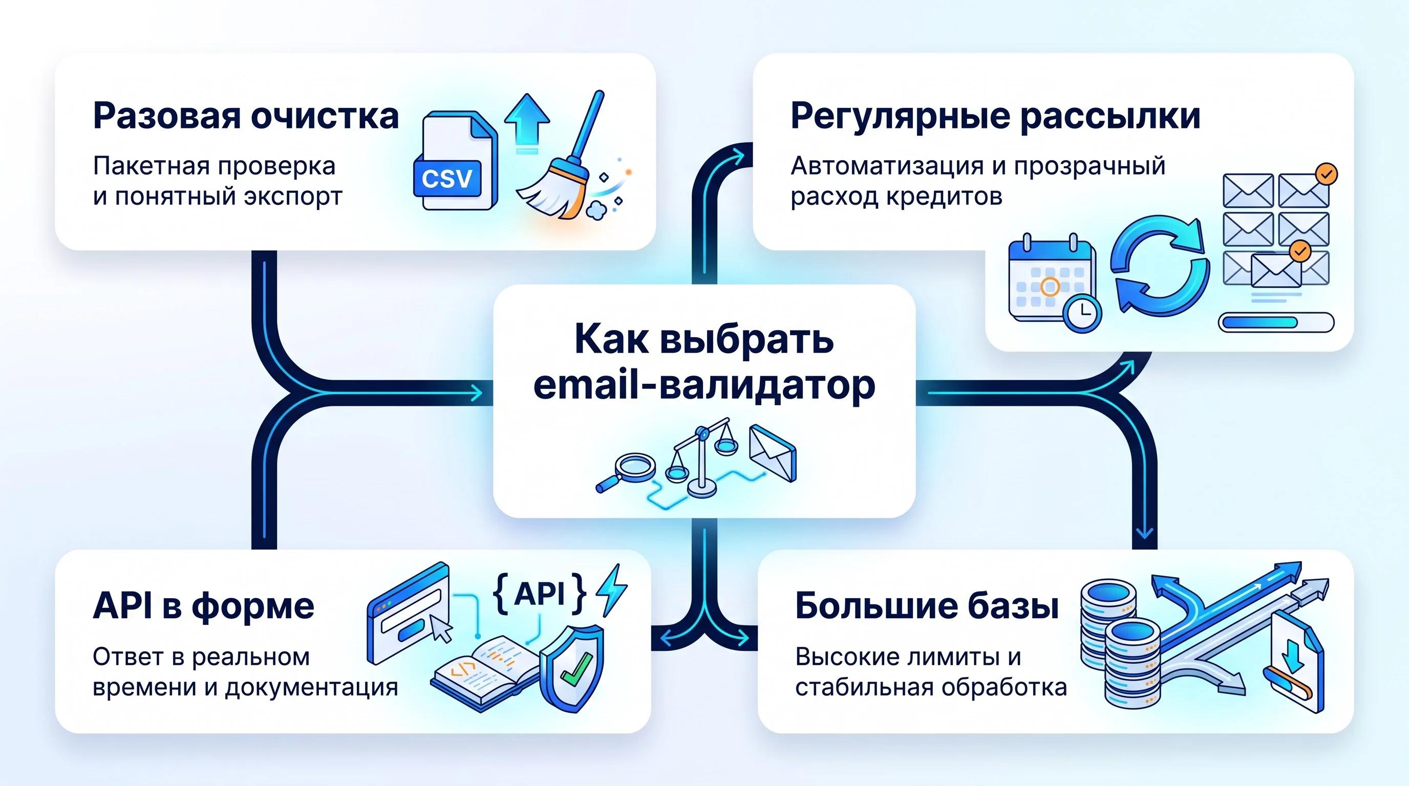 Выбор email-валидатора для разовой очистки, регулярных рассылок, проверки через API в форме и обработки больших баз.